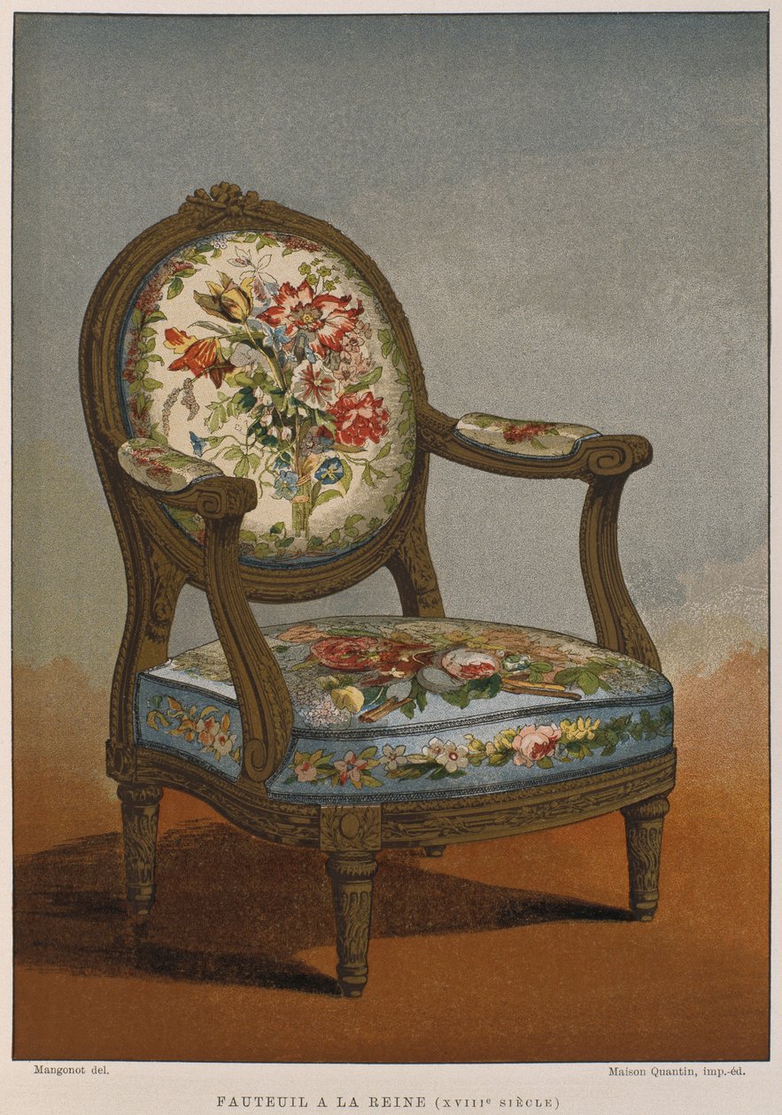 1700-tals a la reine lænestol med blomstret gobelin, illustration fra Dictionnaire de lameublement et de la dekoration af Henry Havard, bind 4, tallerken 29, Paris, Maison Quantin, 1878 (farve af French School