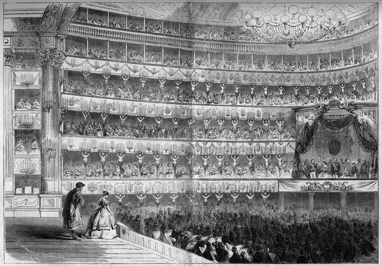 Arkitektur fra det 18. århundrede: Indvendig udsigt af Theatre Royal (Teatro Regio) i Torino (Italien) under et gallashow den 23. januar af French School