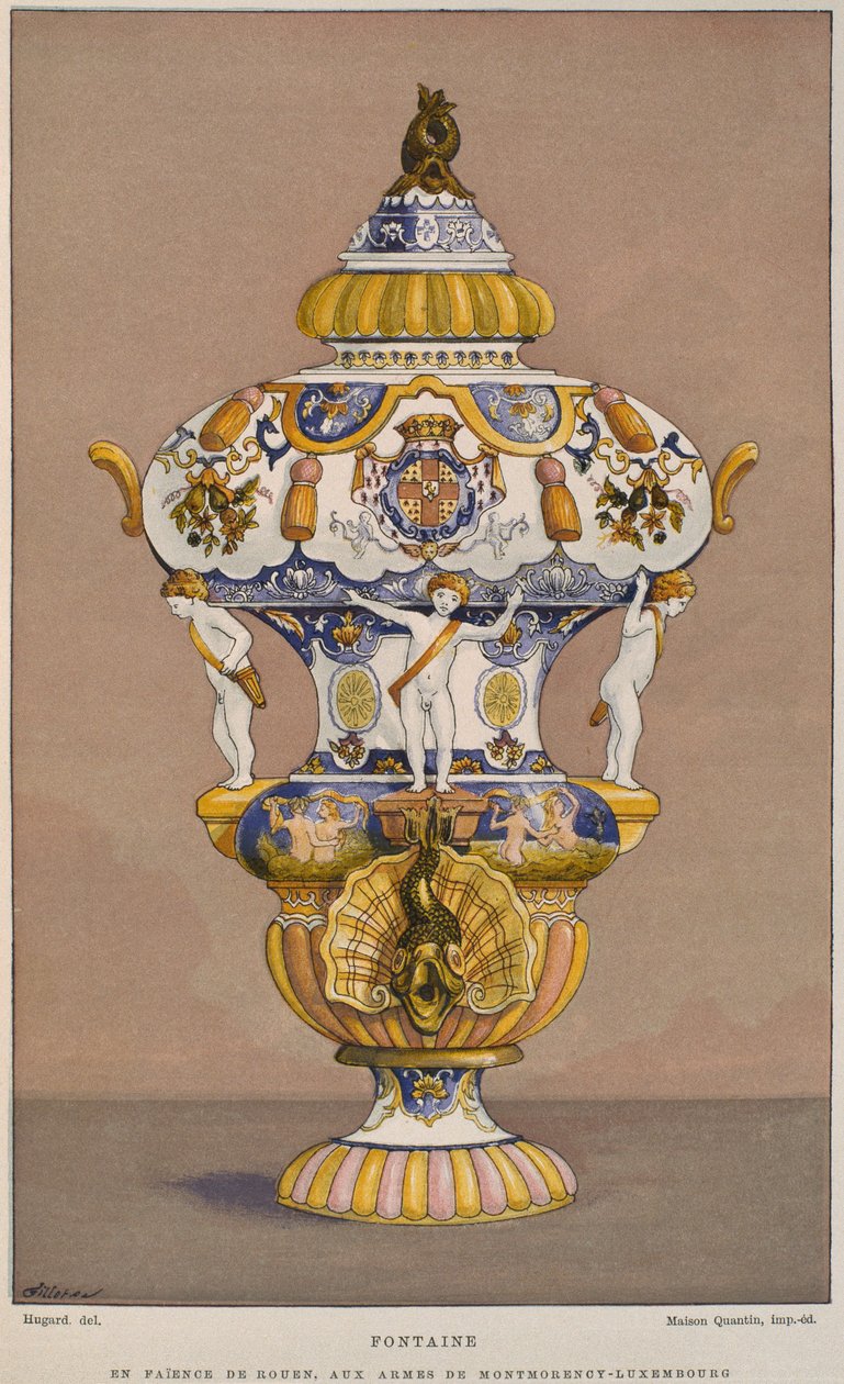 Fajancefontæne fra det 18. århundrede med Montmorency Luxembourgs våbenskjold, fremstillet i Rouen, illustration fra Dictionnaire de lameublement et de la dekoration af Henry Havard, bind 2, af French School