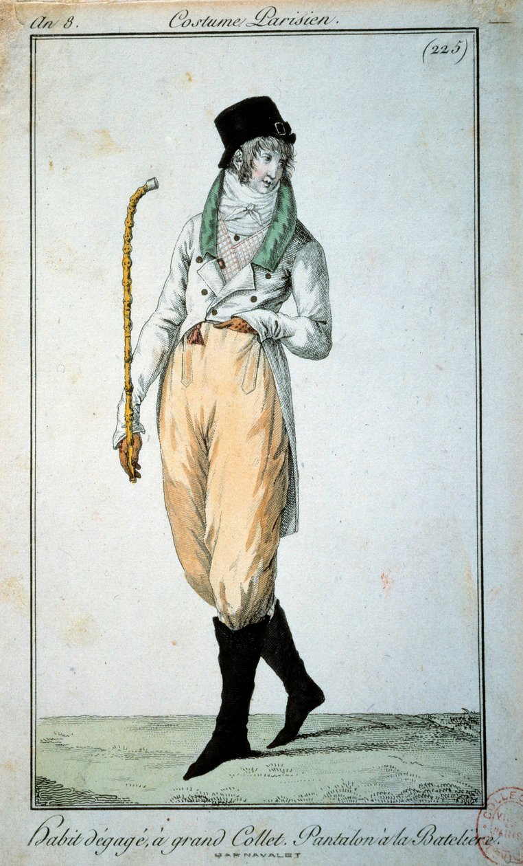 1700-tals mode: parisisk jakkesæt med stor krave, bukser med både. Paris, Musee du Costume af French School