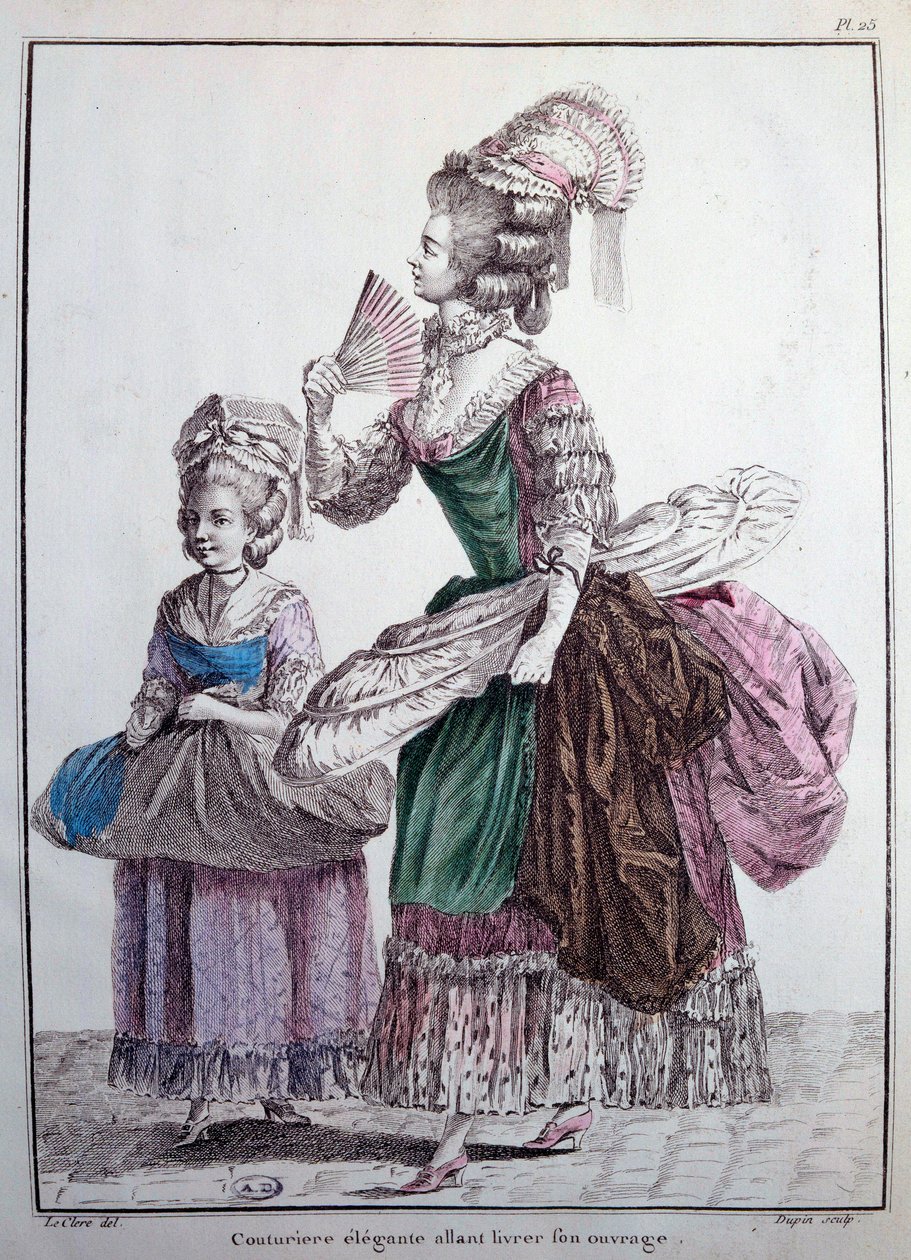 1700-tals mode: en elegant designer, der leverer sit arbejde, en underkjole trimmet med hvaler, der bruges til at støtte kvinders kjole. Gravering af 1778 Paris, dekorativ kunst af French School