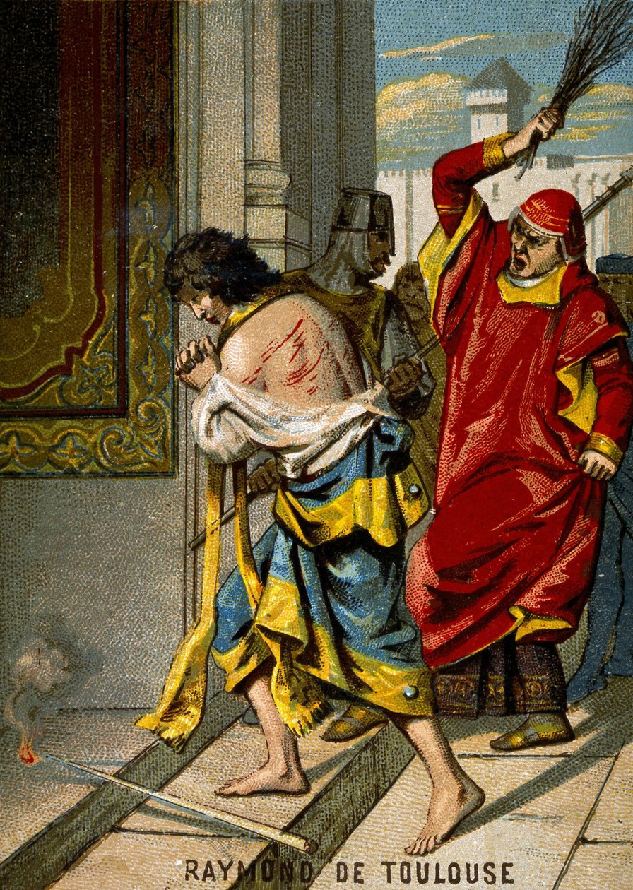 22/06/1209. Raymond VI, grev af Toulouse, der blev udelukket af pave Innocentius III for ikke at forfølge katharerne, anklager for at være anstifteren til mordet på Pierre de Castelnau, ændrer ærefuldt og er flageller i offentligheden i Saint Gilles. Chrom af French School