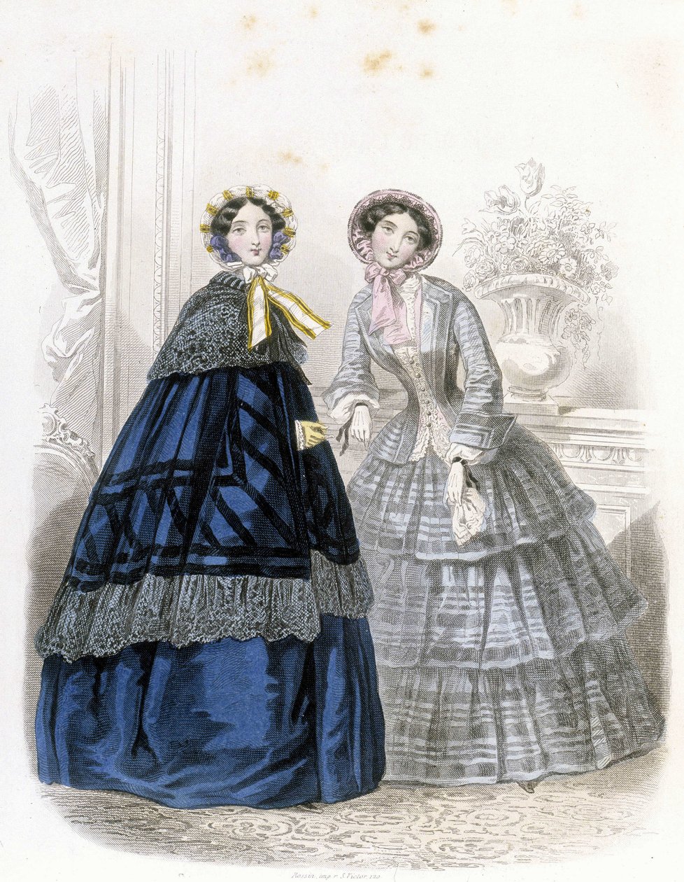 2 moderigtige kvinder: i outfit - i "" Journal des Demoiselles"" 1852 (gravering) af French School