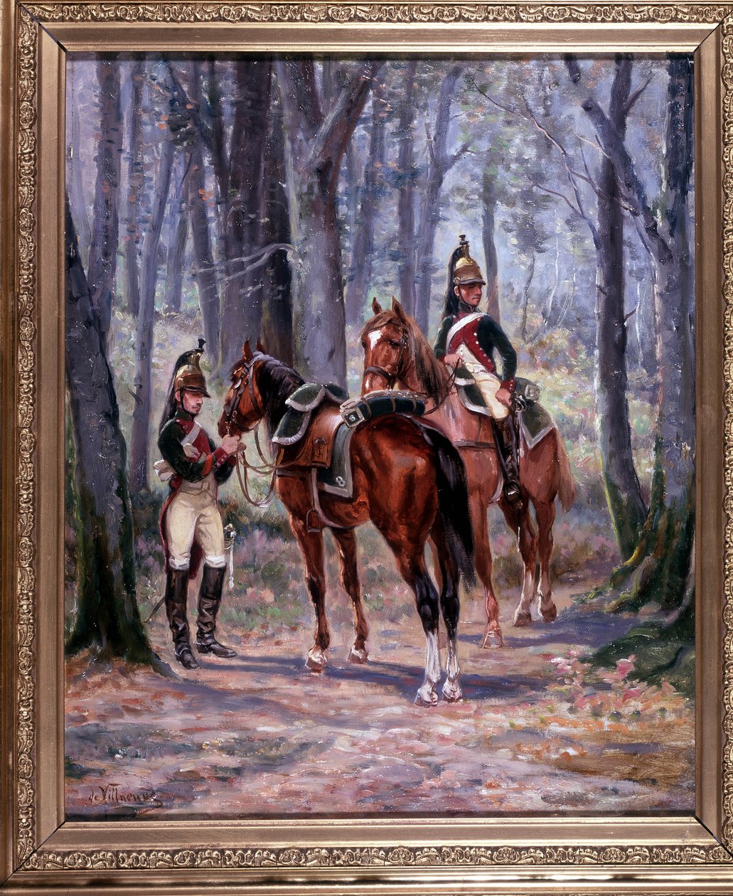 2 ryttere af 8. Drager, væk som spejdere, maleri 65 x 58 cm, olie på lærred af De Villeneuve, militærmaler slutningen af 1800-tallet. af French School