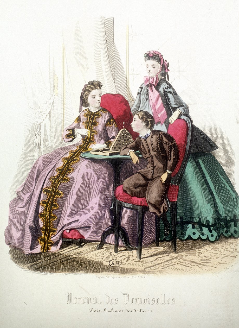 2 kvinder og en dreng: Mode - i "" Magazine des damoiselles", december 1864 af French School