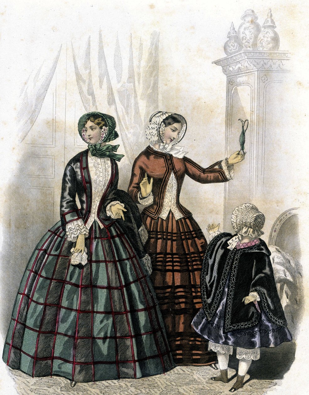 2 kvinder med en pige - i "Journal des Demoiselles" 1852. af French School