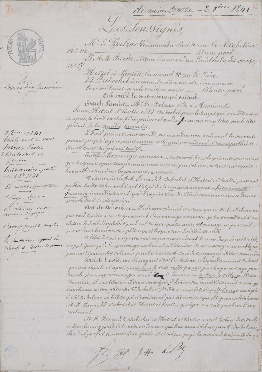 2. kontraktdokument vedrørende La Comedie Humaine mellem Honore de Balzac (1799-1850) og Hetzel, Paulin, Dubochet og udgiveren Charles Furne, 2. oktober 1841 af French School