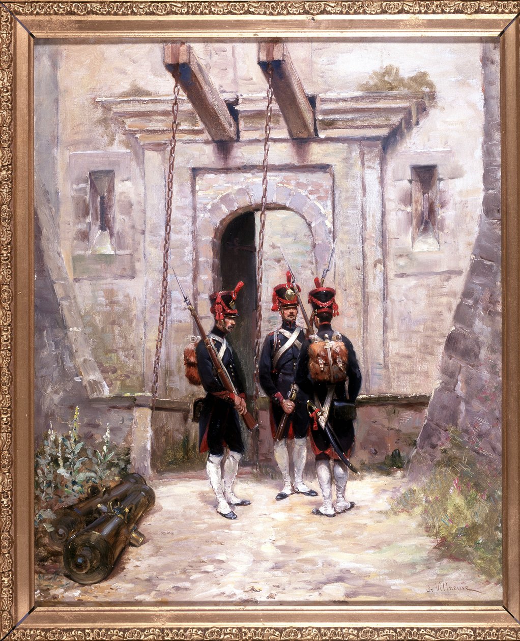 3 konverterende kanoner, maleri 65 x 58 cm, olie på lærred af De Villeneuve, militærmaler sidst i 1800-tallet. af French School