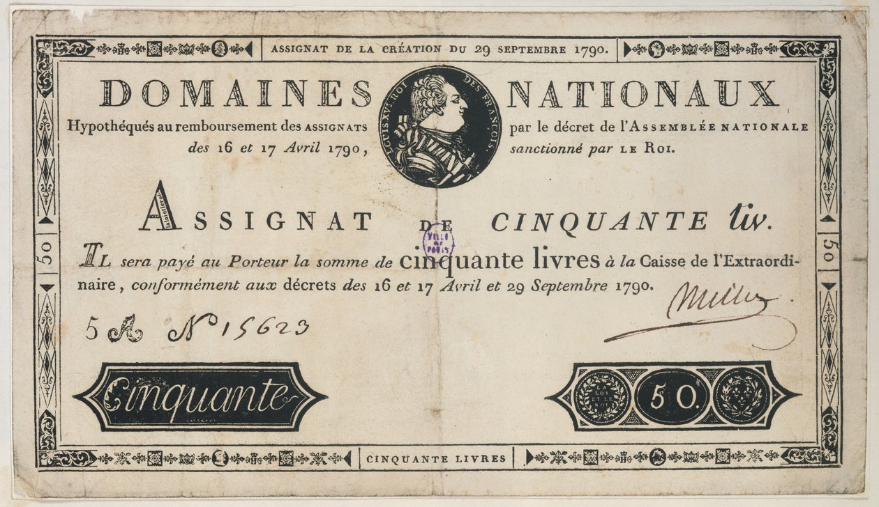 50 livres pengeseddel, 29. oktober 1790 af French School