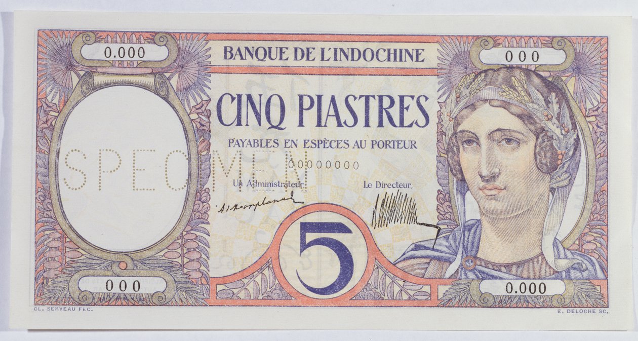 5 Piastres-seddel, fra Indo-Kina-banken (papir) af French School