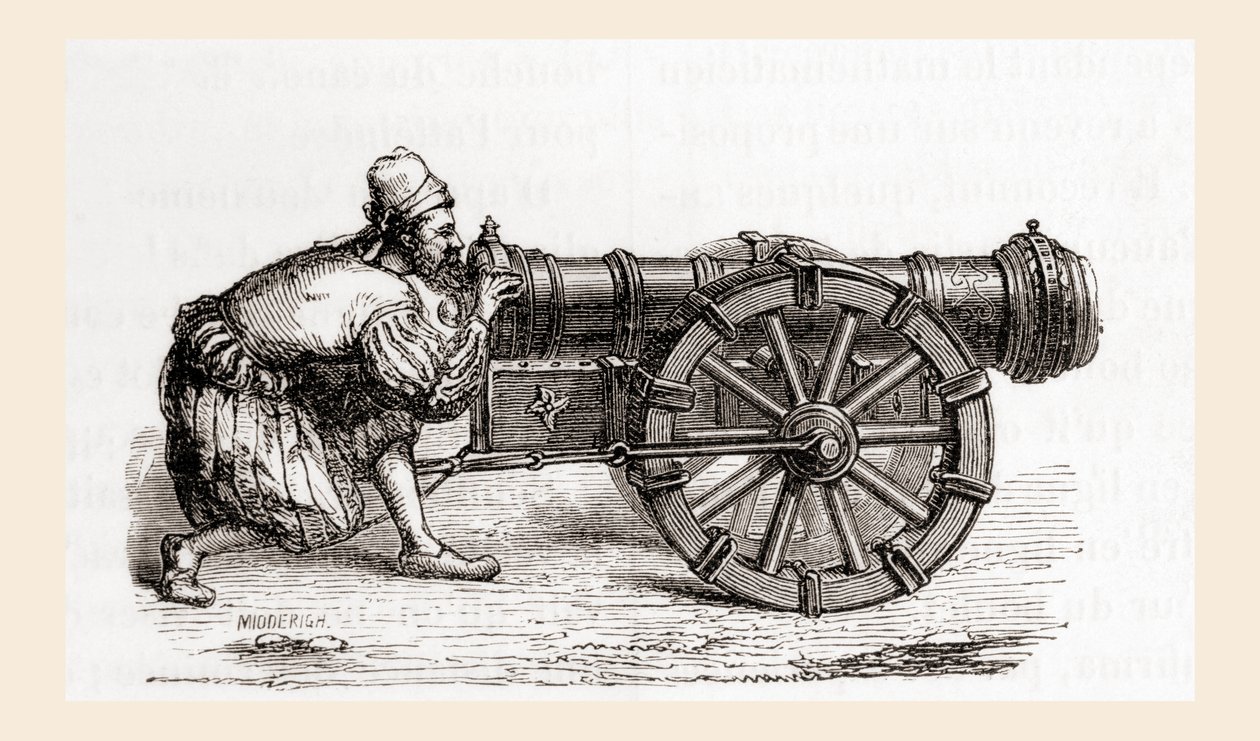 En tysk kanon fra det 16. århundrede, fra Les Merveilles de la Science, udgivet ca. 1870 (gravering) af French School