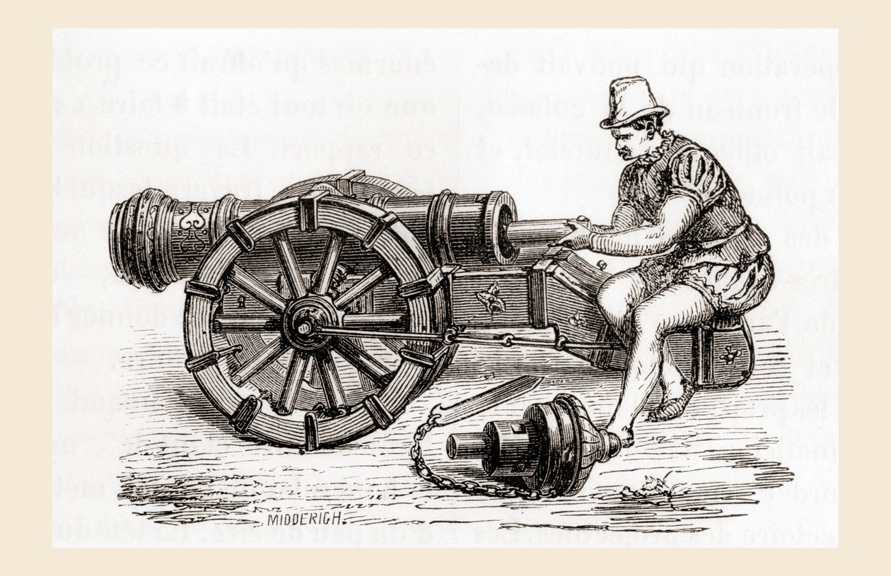 En tysk kanon fra det 16. århundrede, fra Les Merveilles de la Science, udgivet ca. 1870 (gravering) af French School