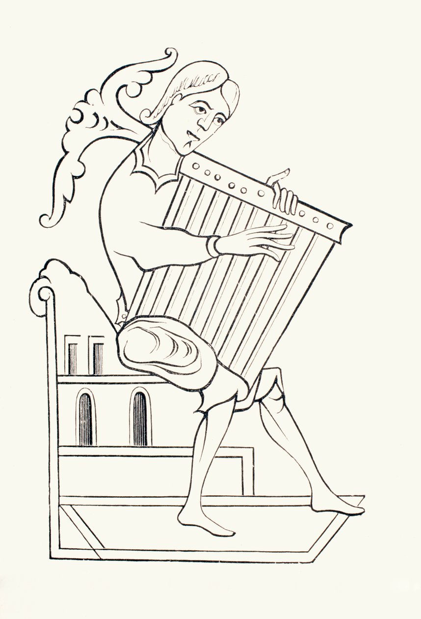 En musiker fra det 9. århundrede, der spiller et musikinstrument kendt som et psalterium, fra 