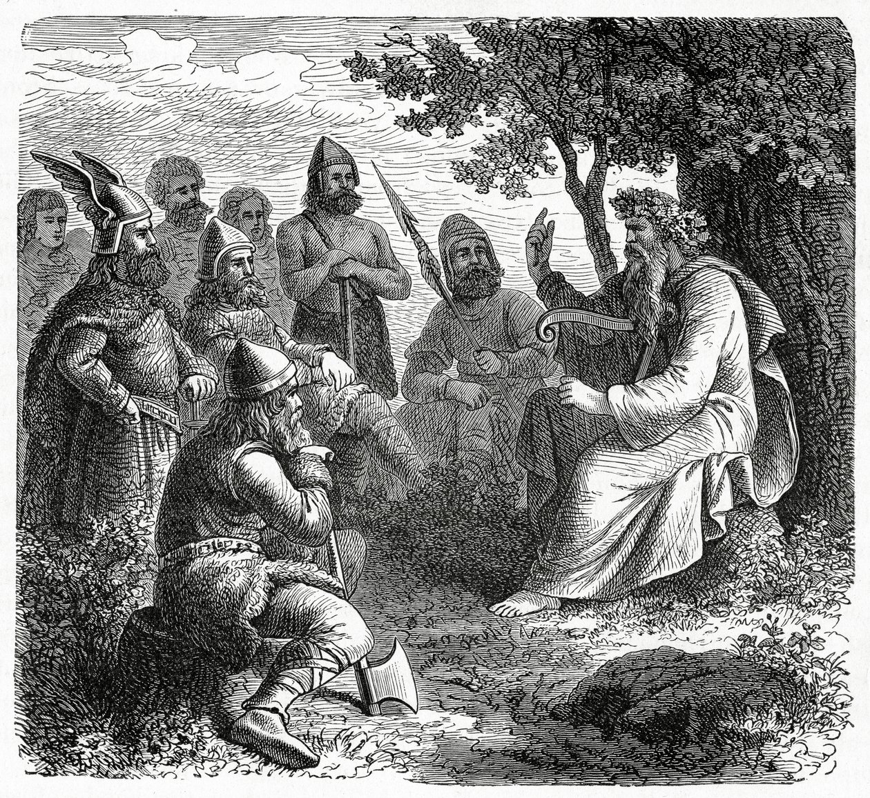En bard reciterer til nordmænd, ca. 1882 (træstik) af French School