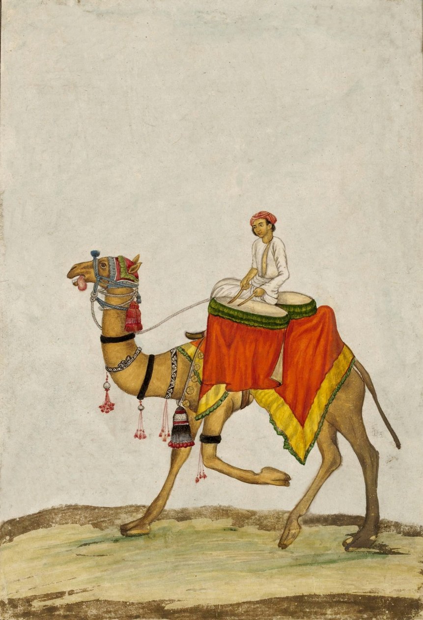 En kamel med dens rytter, der spiller trommer, ca. 1840 (gouache) af French School