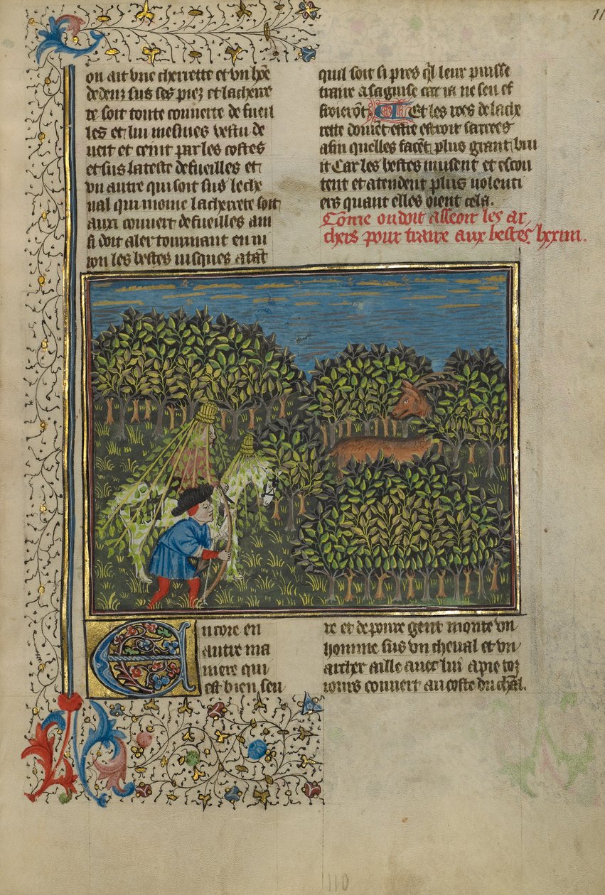 En camoufleret rytter og en bueskytte nærmer sig en hjort, ca. 1430-40 (tempera, guld- og sølvmaling og bladguld på pergament) af French School