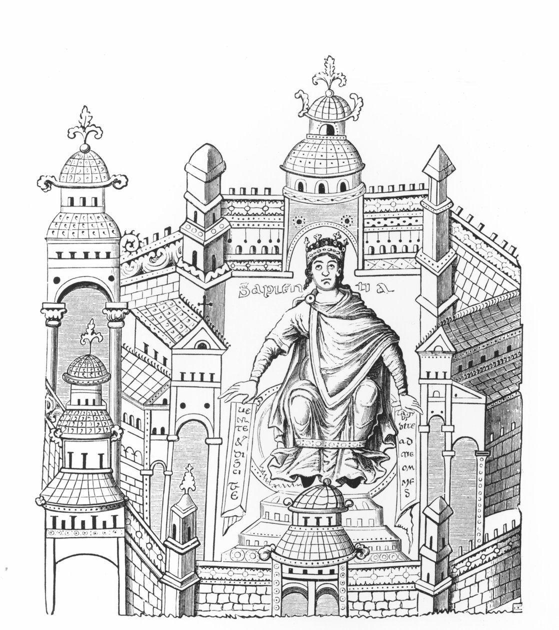 En karlovingerkonge i sit palads, der personificerer visdom, der appellerer til hele menneskeheden, efter en miniature i et manuskript, kopieret af grev Horace de Viel-Castel (1798-1864) af French School