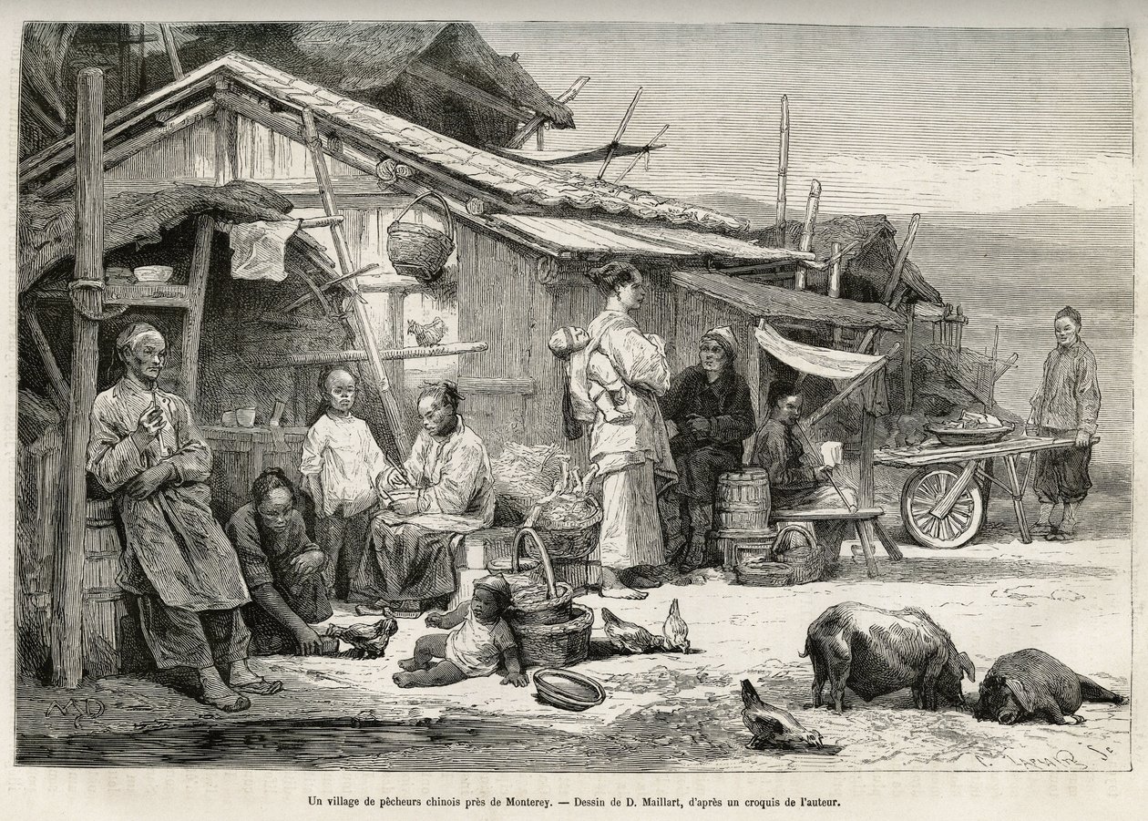En kinesisk fiskerby nær Monterey, Californien, vidnede om det vigtige kinesiske samfund, der var etableret på Stillehavskysten i USA. Gravering efter D.Maillards tegning, for at illustrere historien La conquete blanche, af William Hepworth af French School