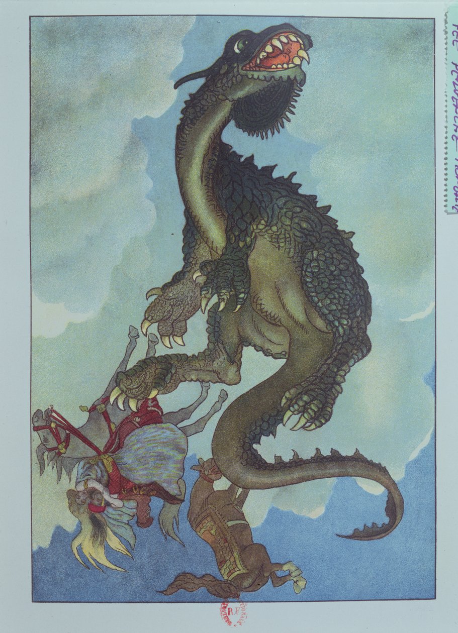 En drage falder ned fra himlen, illustration fra den ungarske fortælling, 