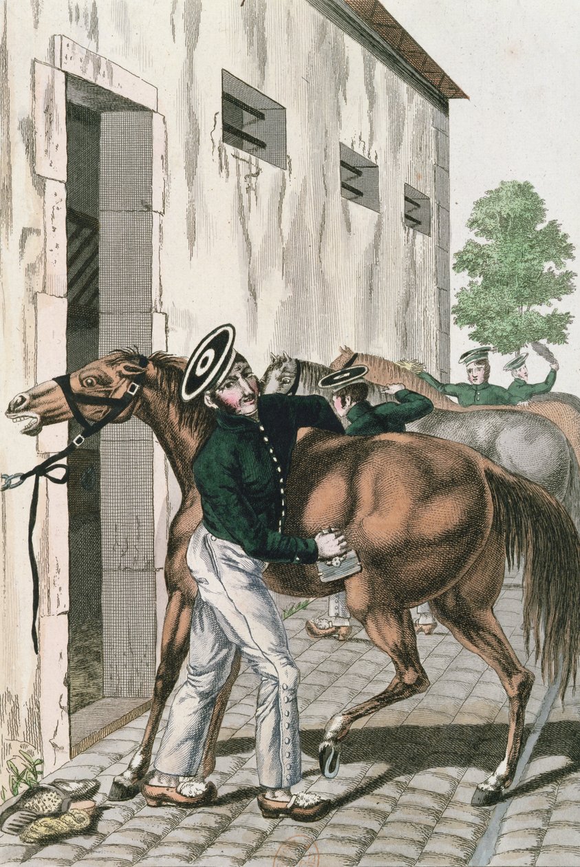 En dragon, der plejer sin hest, plade 257 fra en række franske kejserlige soldater, ca. 1800-10 af French School