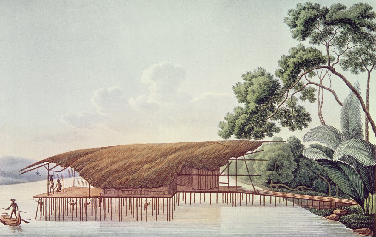 A Dwelling-House over Water, Doreri, Papuan-bugten, fra rejse rundt om i verden på Corvette La Coquille (1822-25) af Louis Isidore Duperrey (1786-1865) (se også 10268) af French School