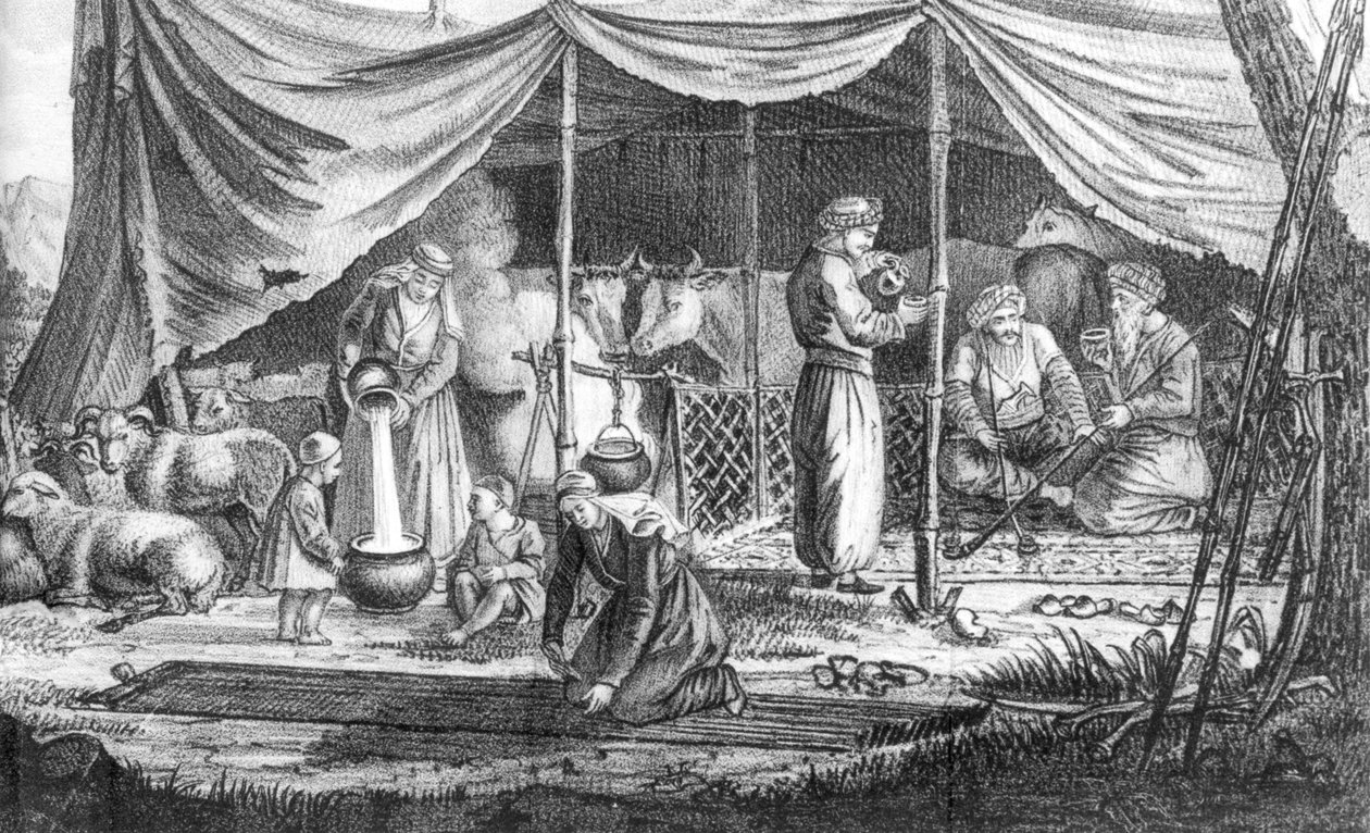 En familie af kurdiske nomader, fra Voyage en Perse af Gaspard Drouville, udgivet 1825 af French School
