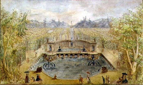 En formel have med springvand, ca. 1770 (pen & blæk og akvarel på papir) af French School