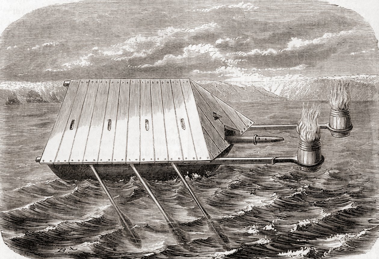 Et græsk brandskib, efter en tegning i et latinsk manuskript fra det 13. århundrede, fra Les Merveilles de la Science, udgivet ca. 1870 (gravering) af French School