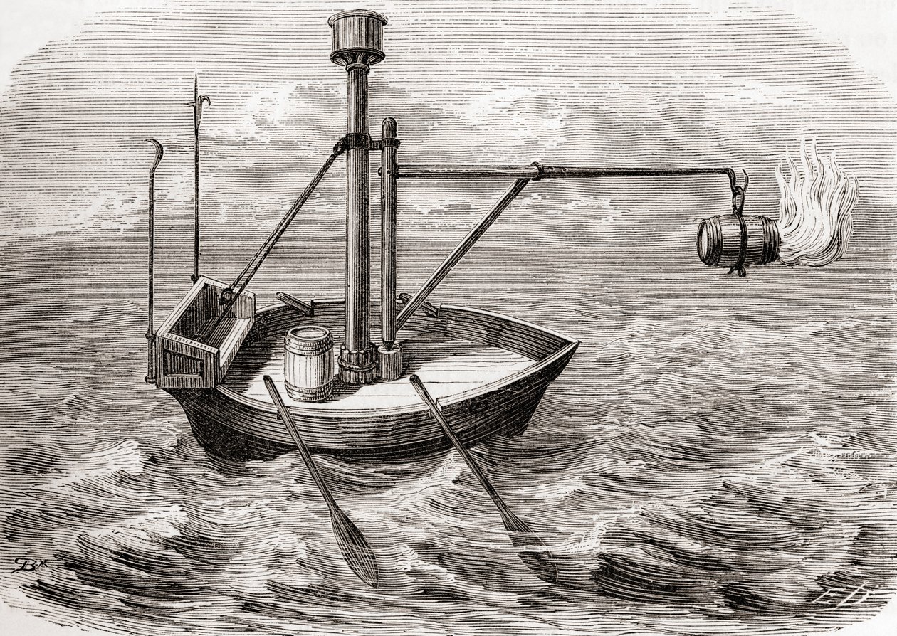 Et græsk brandskib, efter en tegning i et latinsk manuskript fra det 13. århundrede, fra Les Merveilles de la Science, udgivet ca. 1870 (gravering) af French School