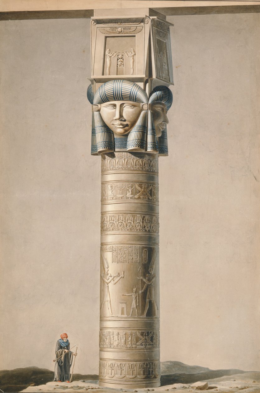 En søjle med Hathor-hoved ved Dendarah, illustration Beskrivelser af Egypten af Edmonde Francois Jomard (1777-1862) udgivet 1809-22 (wc på papir) af French School