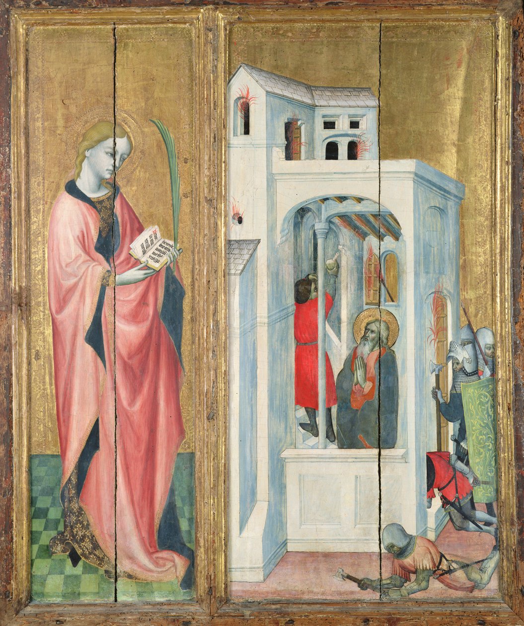 En hellig martyr og St. Andrews discipel slukker ilden, venstre panel på Thouzon altertavlen, School of Provence (tempera på panel) af French School