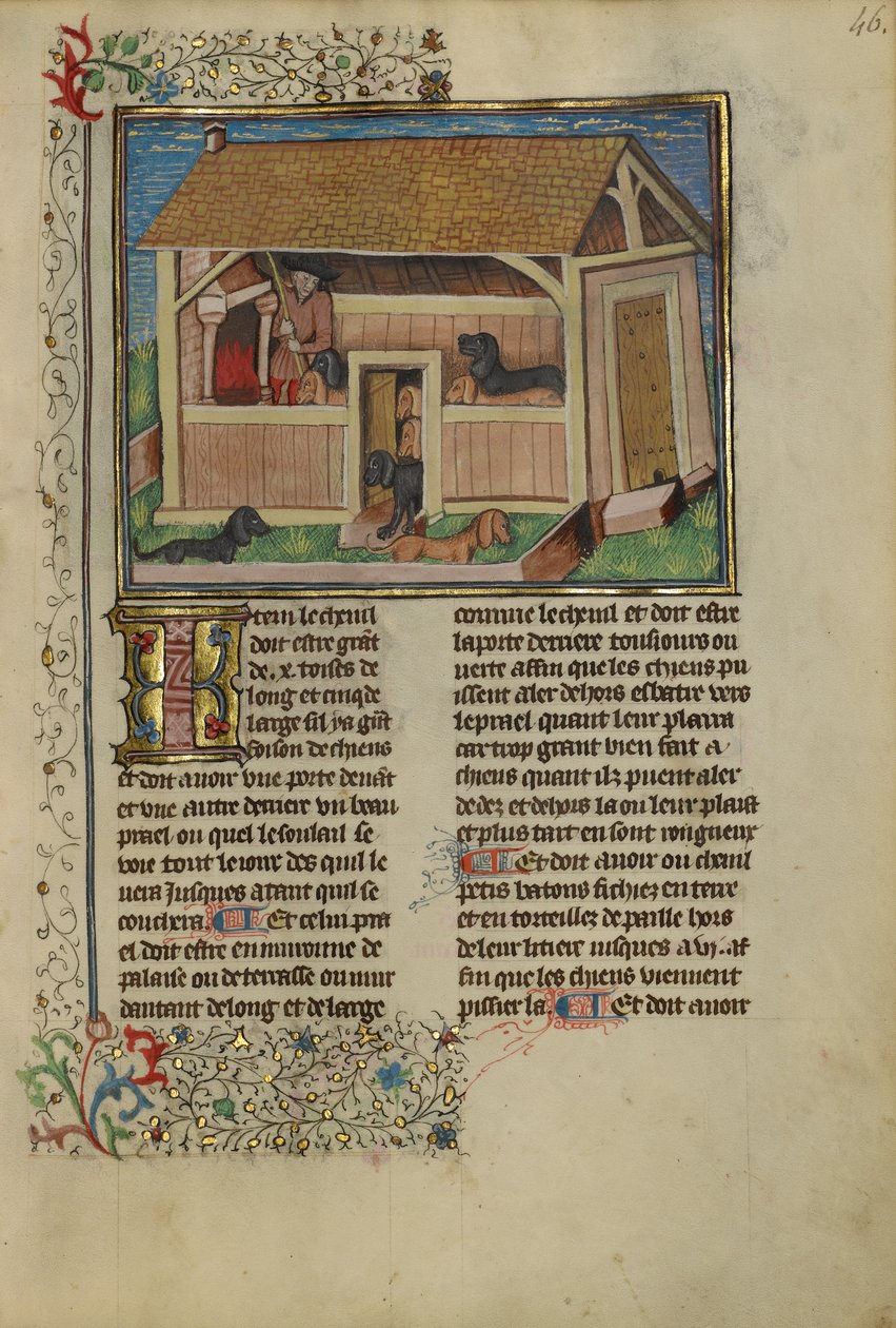 En jæger, der tager sig af hunde, ca. 1430-40 (tempera, guld, sølvmaling og blade på pergament) af French School