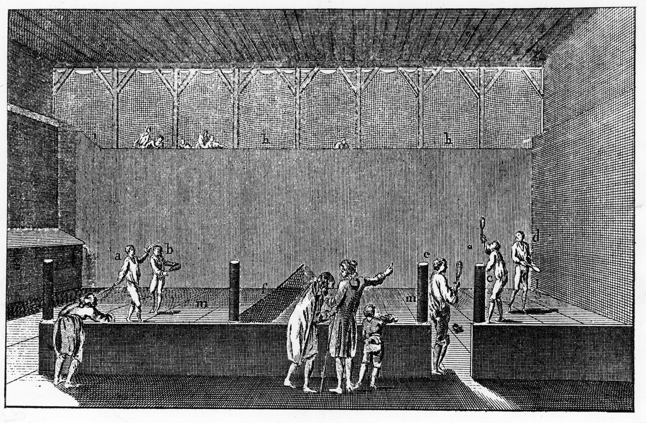 En Jeu de Paume under Ludvig XIVs regering, baseret på et tryk fra Diderot og Alemberts encyklopædi af French School