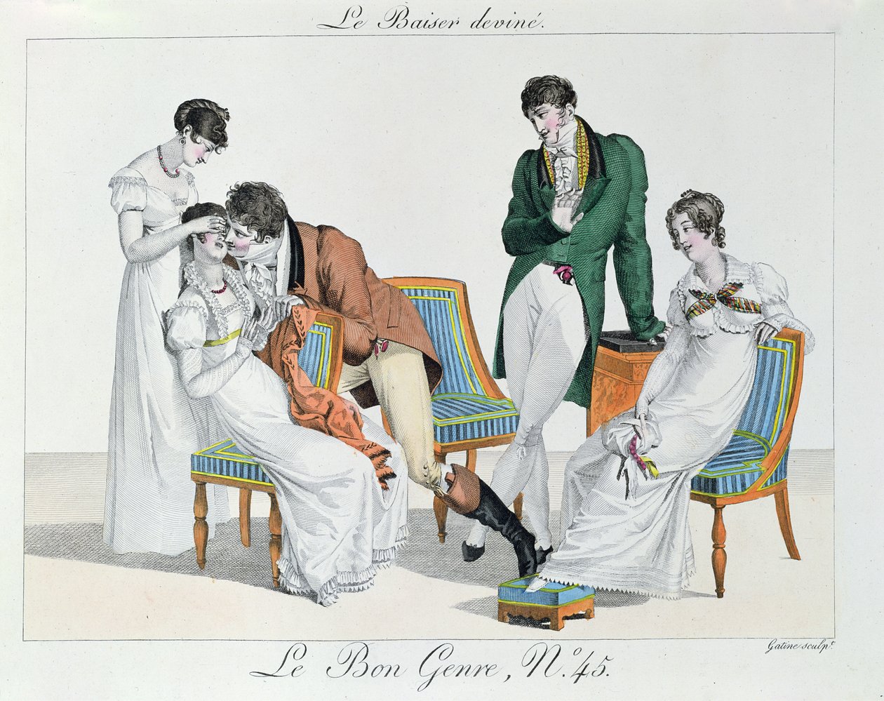 A Kissing Game, begyndelsen af det nittende århundrede (farvegravering) af French School