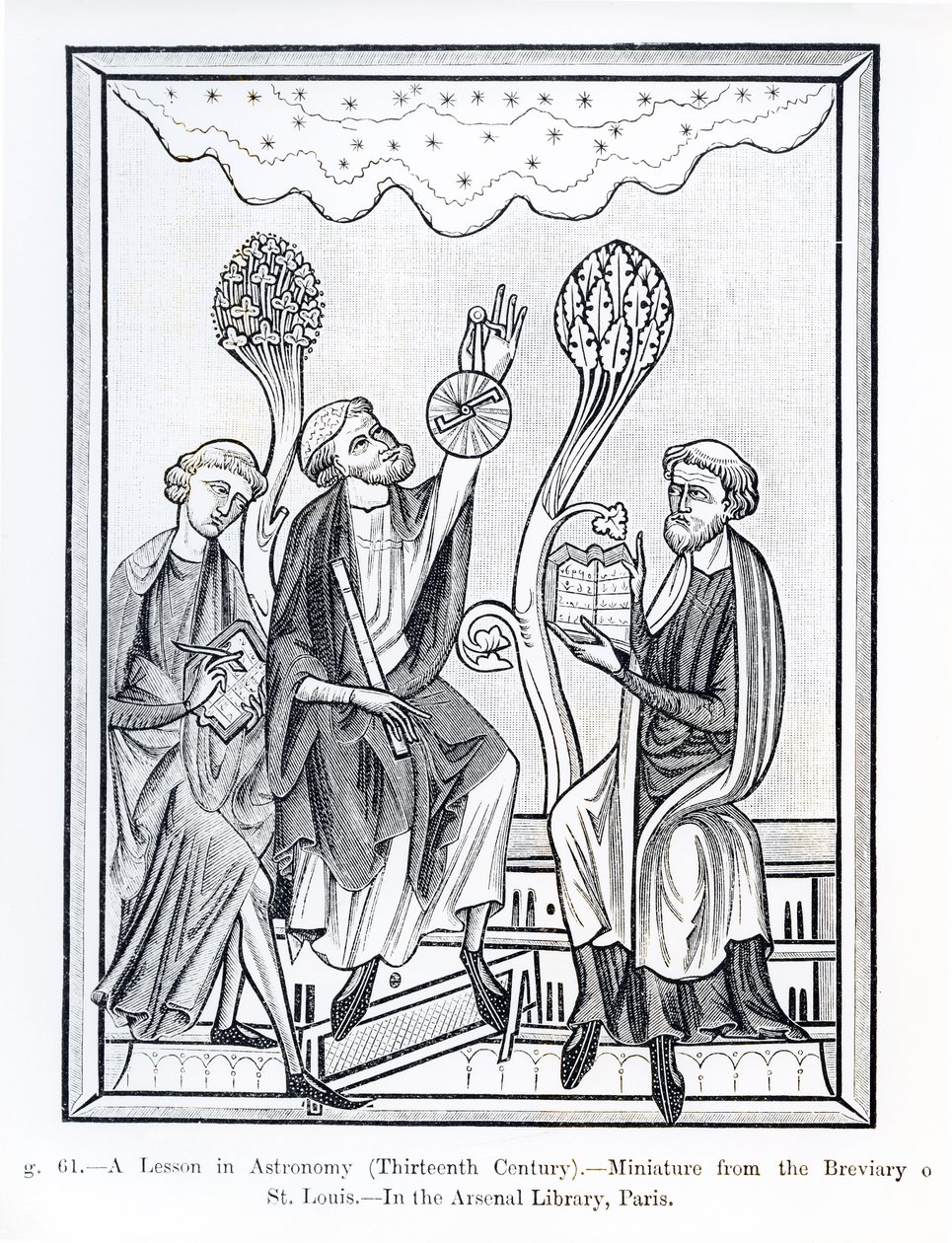 A Lesson in Astronomy, fra Breviary of St. Louis, illustration fra Science and Literature in the Middle Age and the Renaissance, skrevet og indgraveret af Paul Lacroix, 1878 (bw foto af French School