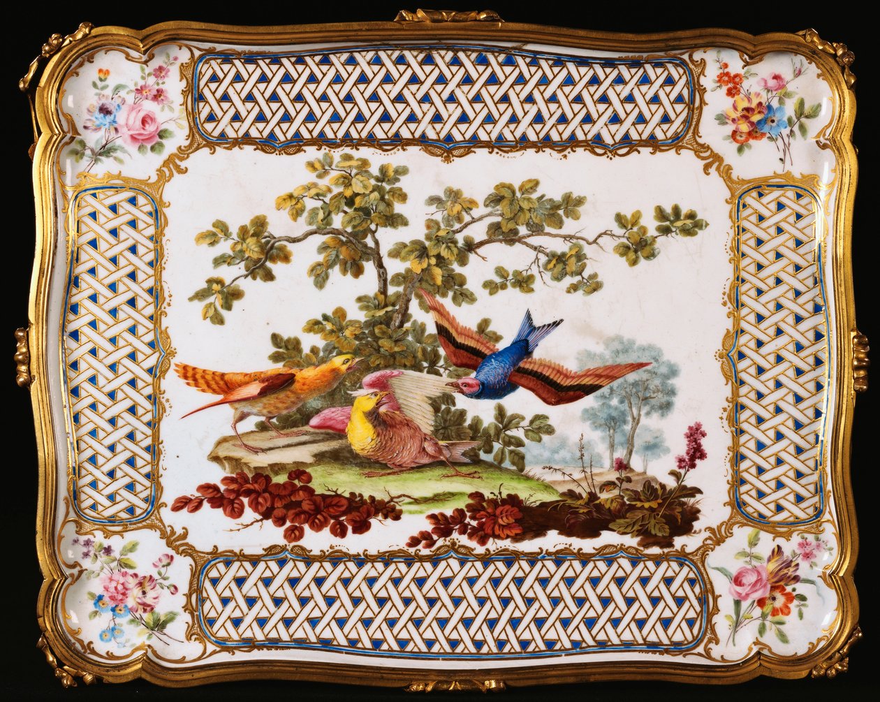 En Louis XV Sevres-bakke dekoreret med tre eksotiske fugle i et landskab, der danner toppen af et bord, en café, 1761 af French School