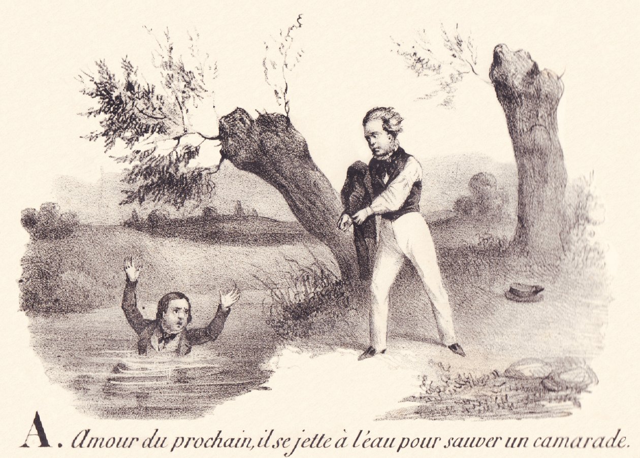 A: Næstekærlighed, han kaster sig i vandet for at redde en kammerat. af French School