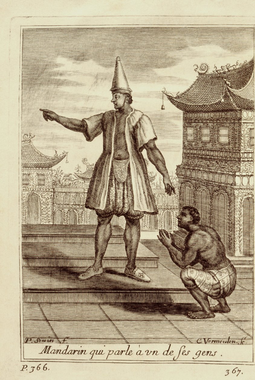 En mandarinmand taler med et af sine folk, fra Voyage du Siam des Peres Jesuites af Guy Tachard, 1688 af French School
