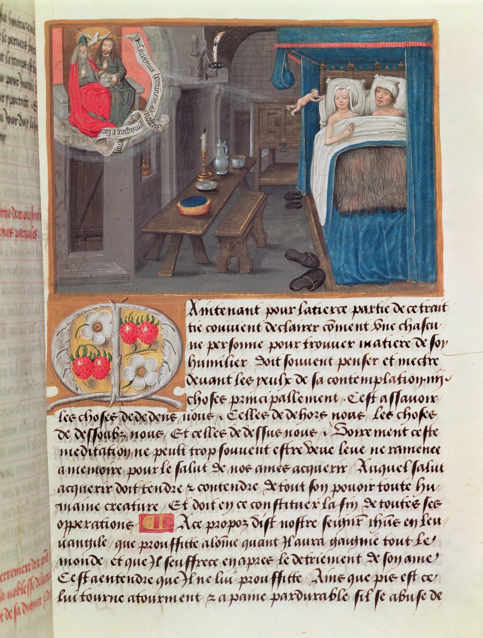 Et ægtepar i sengen modtager et barn fra den hellige treenighed af French School