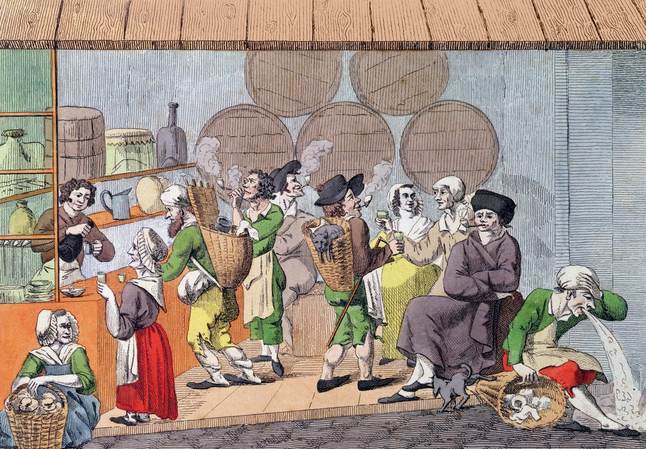 Et møde mellem kunstnere, mudderskrabere og kludehandlere, karikatur af en populær café i Palais Royal i Paris, ca. 1800 af French School