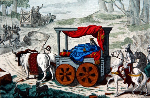 En merovingerkonge båret i et kuld tegnet af okser (farve litho) af French School