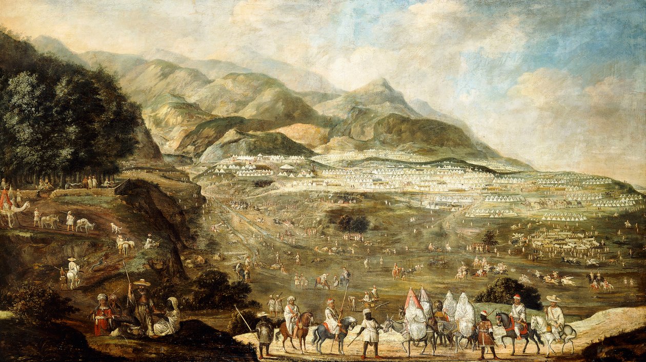 A Moroccan Military Encampment with Veiled Ladies on Donkeys in the Foreground, dani af French School
