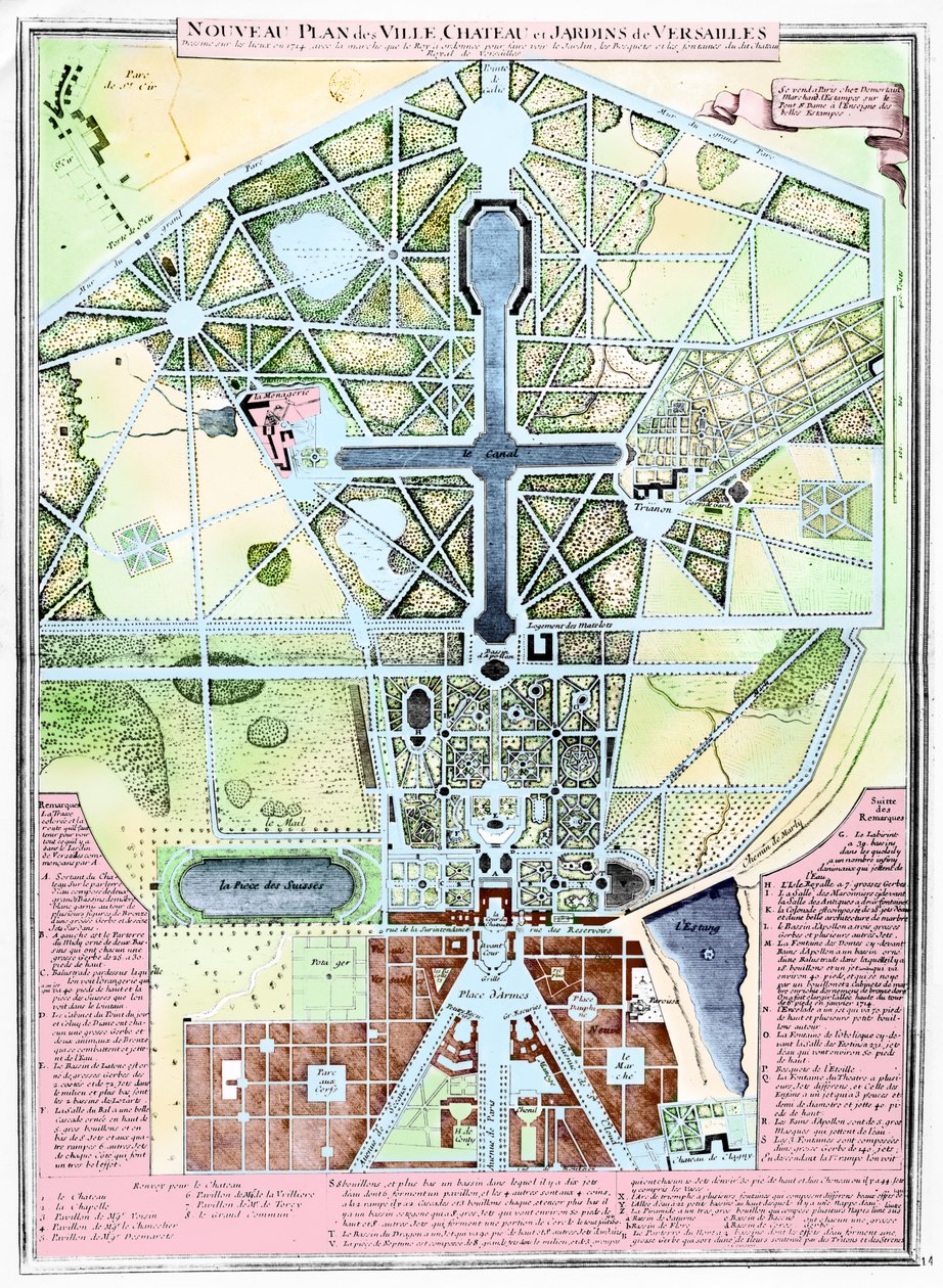 En ny plan for byen, slottet og haverne i Versailles, 1714 af French School