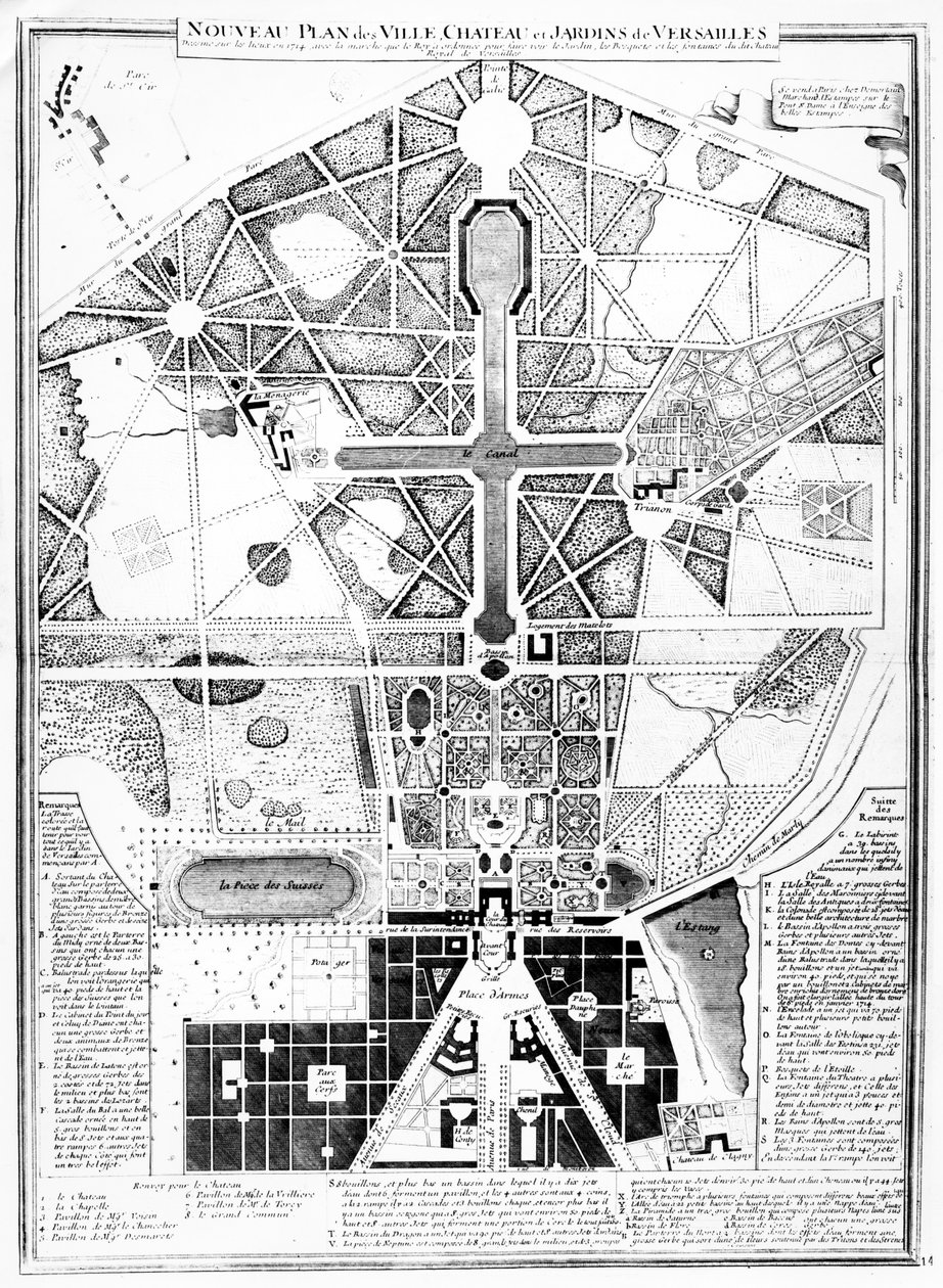 En ny plan for byen, slottet og haverne i Versailles, 1714 af French School