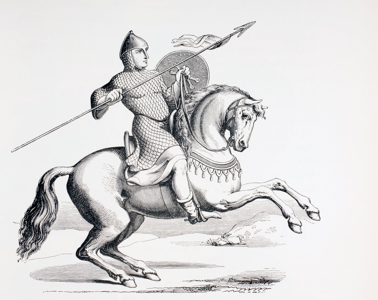En normannisk ridder klædt i ringbrynje og hjelm med spyd og skjold, 1873 af French School