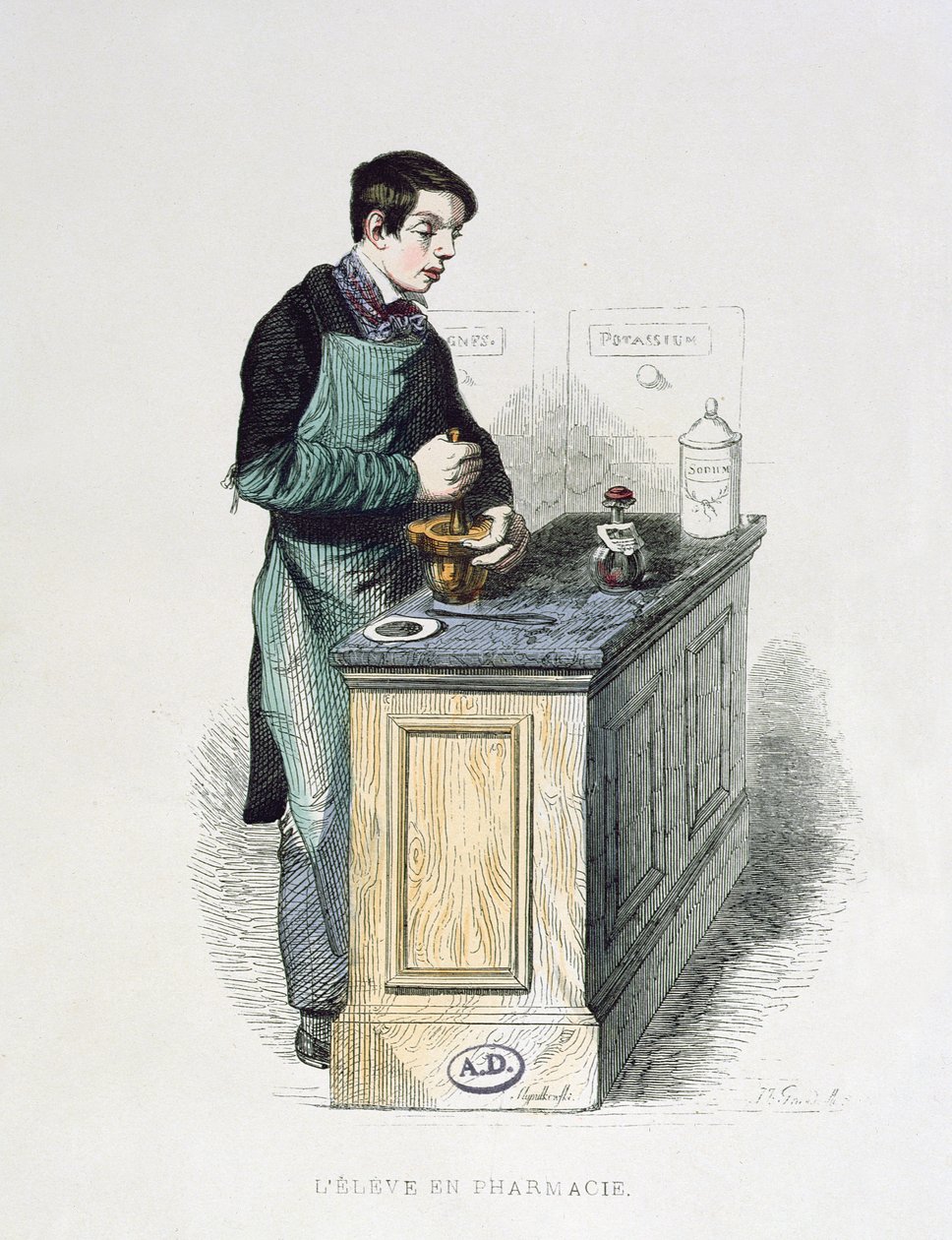 A Pharmacy Student, der forbereder medicin, illustration fra The French Painted by Themselves, Editions L. Curmer, 1841 (farvegravering) af French School