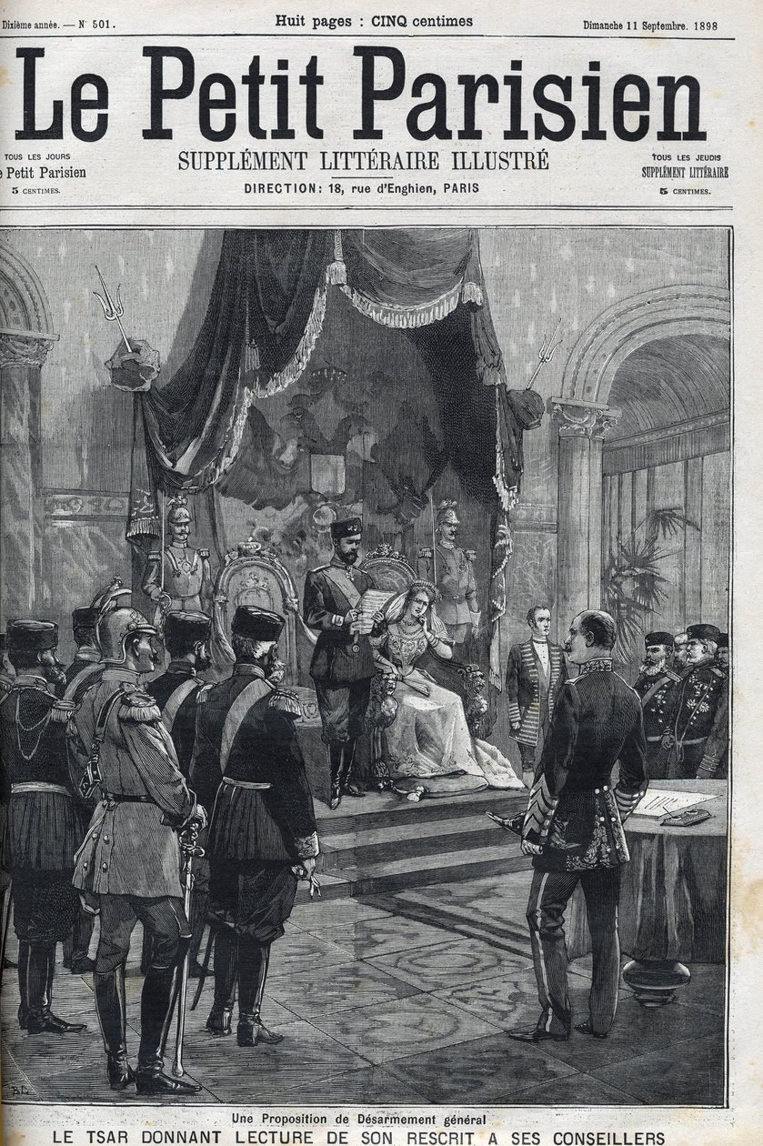 Et forslag om generel nedrustning (fremsat til de europæiske magter) - Tsar Nicholas II (1868-1918) læser sin reskription for sine rådgivere. Le Petit Parisien af French School