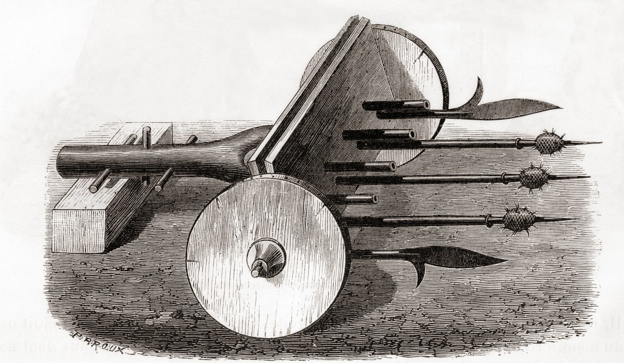 En Ribauldequin, infernalsk maskin- eller orgelpistol, bevæbnet med små kanoner og gedder, fra Les Merveilles de la Science, udgivet ca. 1870 (gravering) af French School