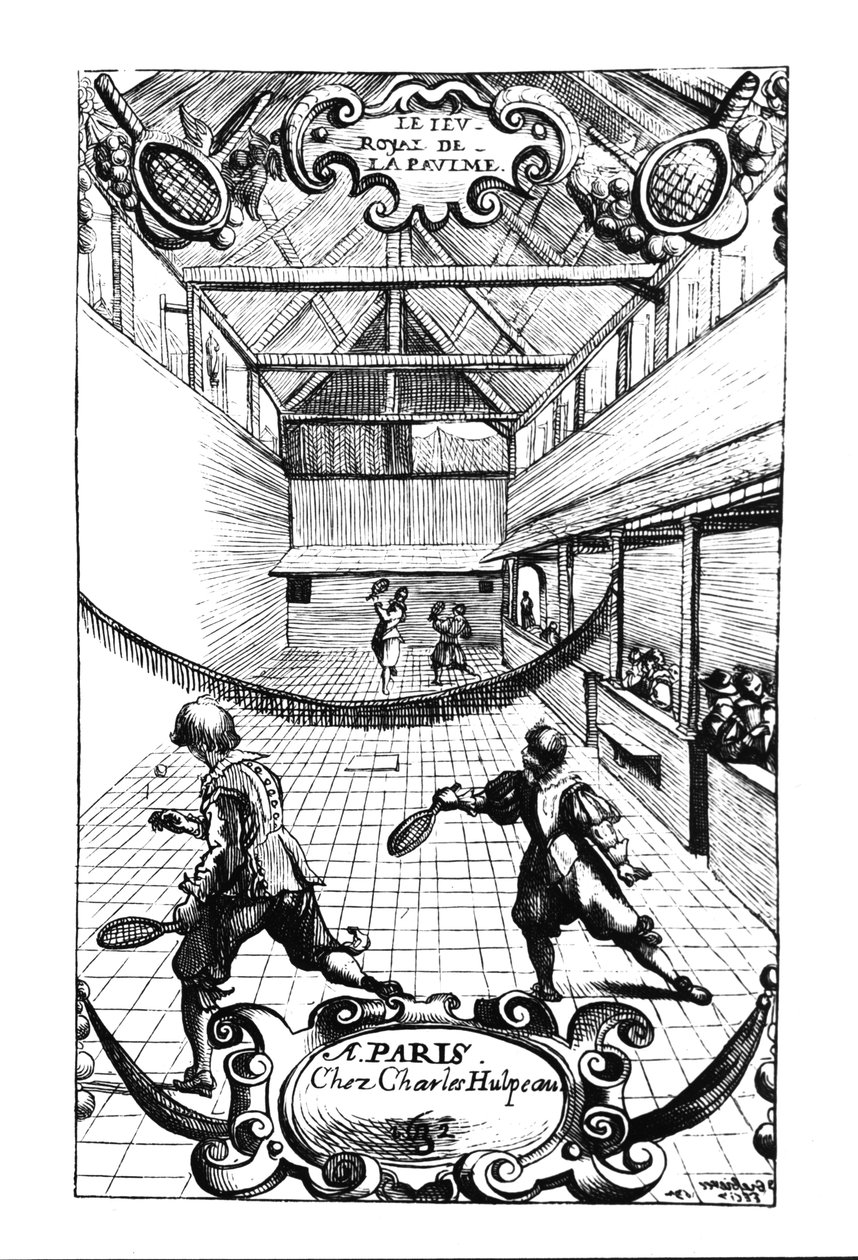 Et kongeligt tennisspil i Jeu de Paume, Versailles, udgivet af Charles Hulpeau af French School