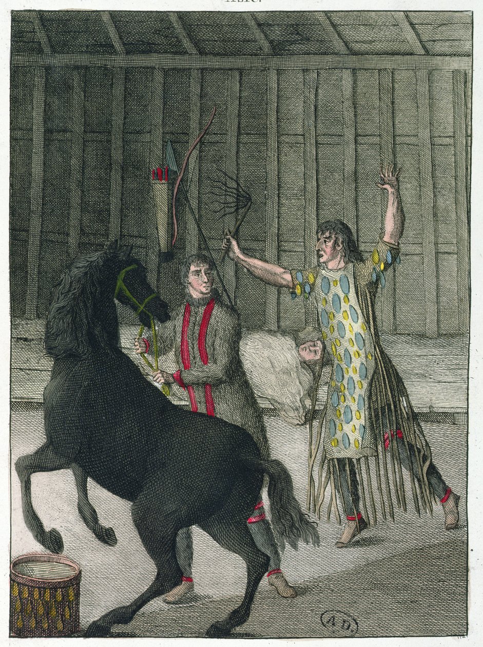 En shaman, der forviser en syg persons onde ånder, Sibirien, ca. 1811 af French School